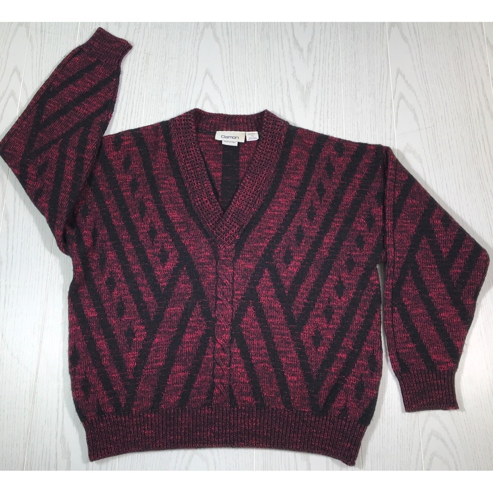 Vintage Damon Sweater Men XL Red Black Wool Blend V-Neck Cable Knit Made Italy